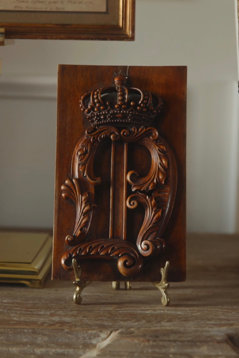 Late 19th Century French Carved Walnut Heraldic Panel with Crown Motif