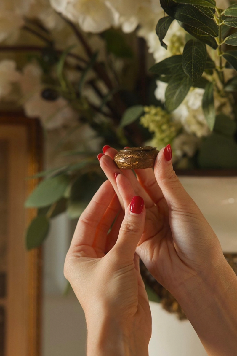 Rococo Revival Floral Brass Snuff Box with Mirror