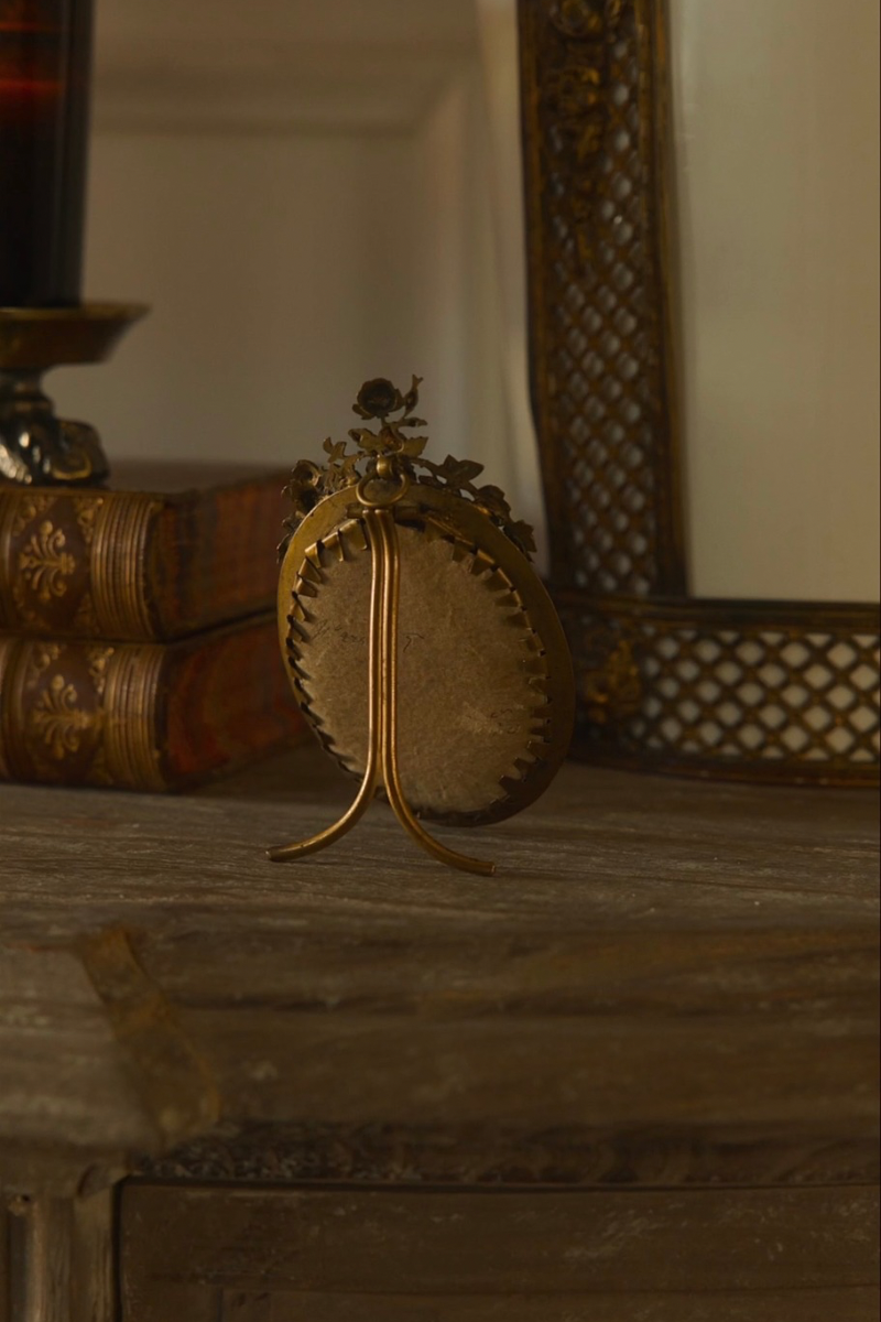 19th C. French Belle Epoque Gilt Bronze Rose Garland Oval Portrait Frame