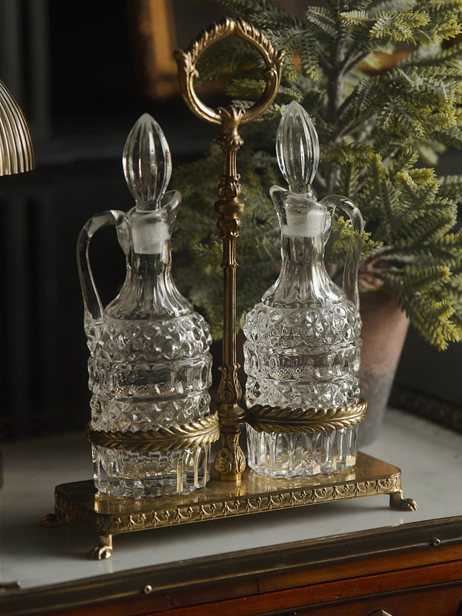 Antique European Cut-Glass Cruet Set on Ornate Brass Stand