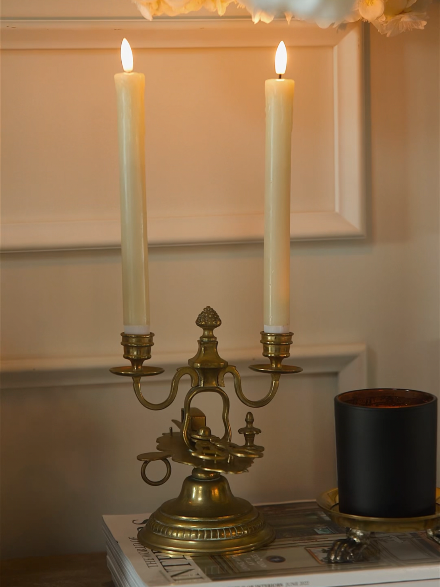 19th Century French Brass Double Arm Candle Holder with Snuff Sciccors