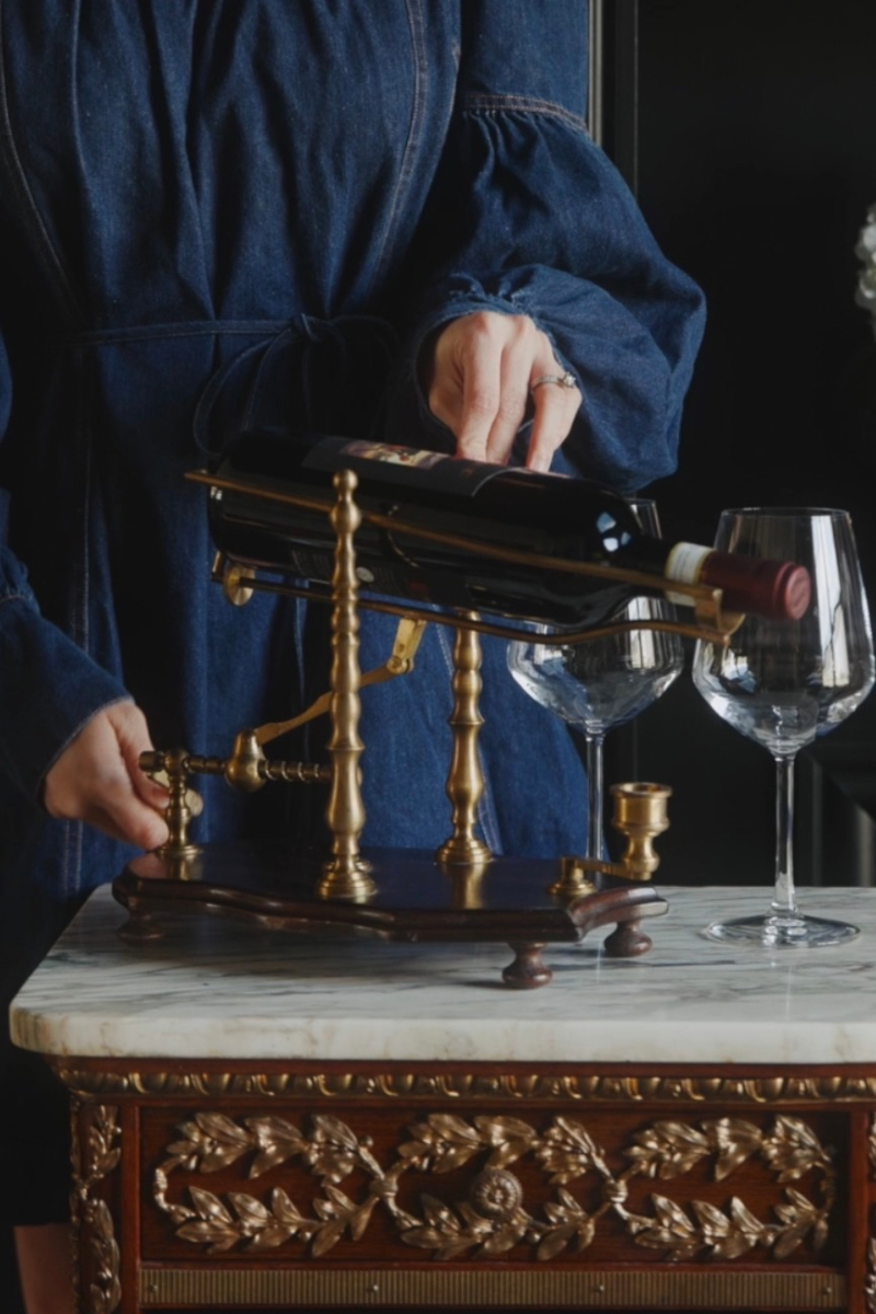 19th-Century French Brass Wine Cradle with Candle and Hand Crank