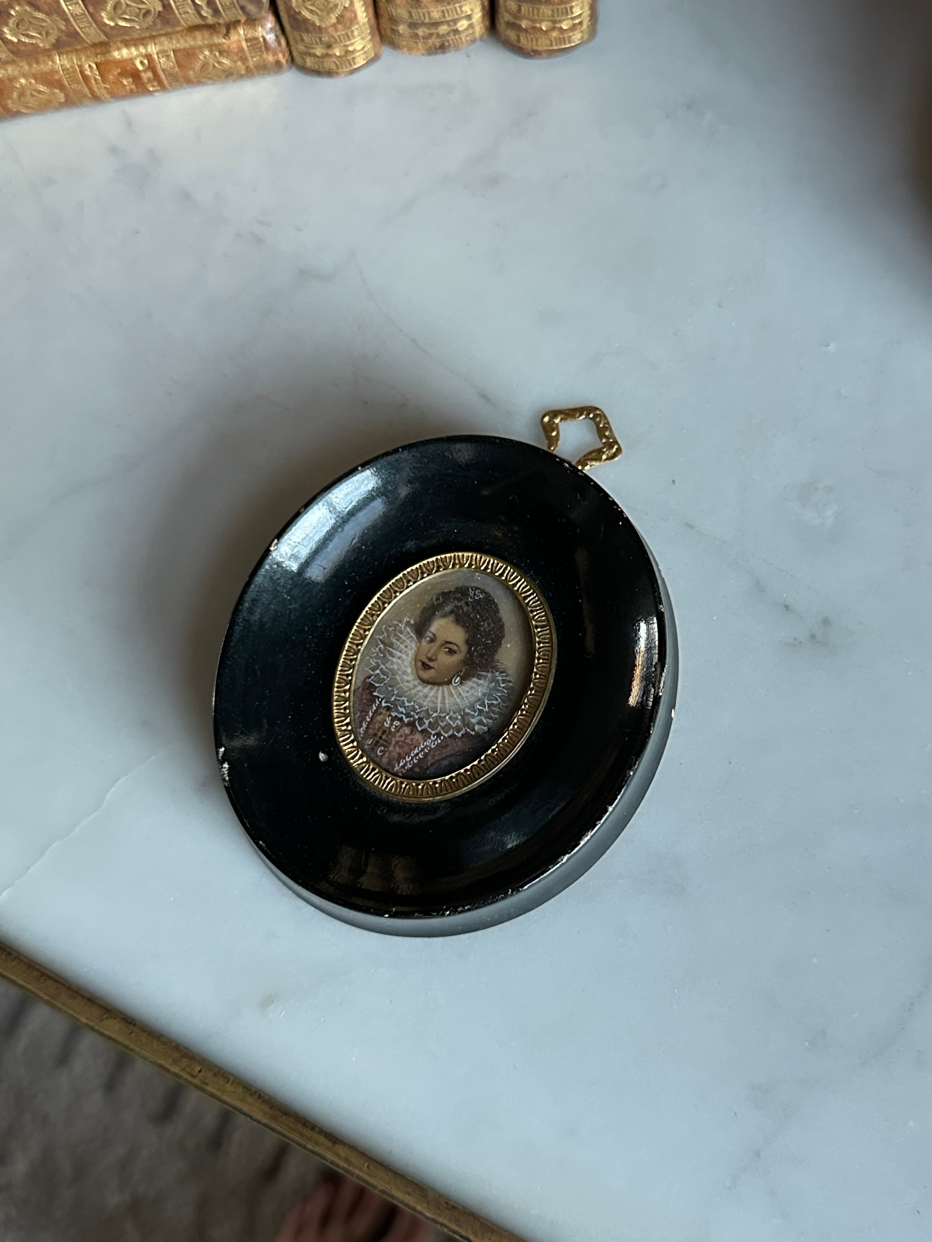 19th Century Hand Painted Miniature Portrait in Lacquered Frame