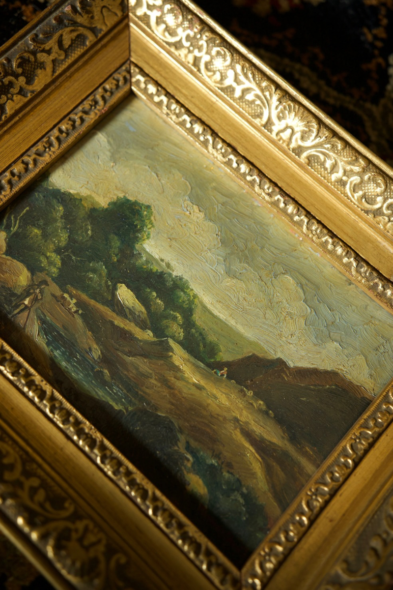 European School Landscape with Figure by a Stream, oil on panel, signed. 
Late 19th century.