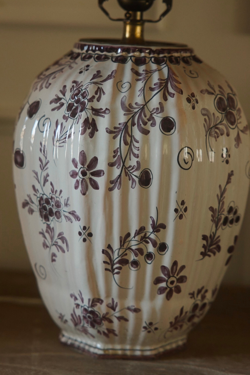 Hand-Painted Floral Porcelain Lamp with Gold Silk Shade
