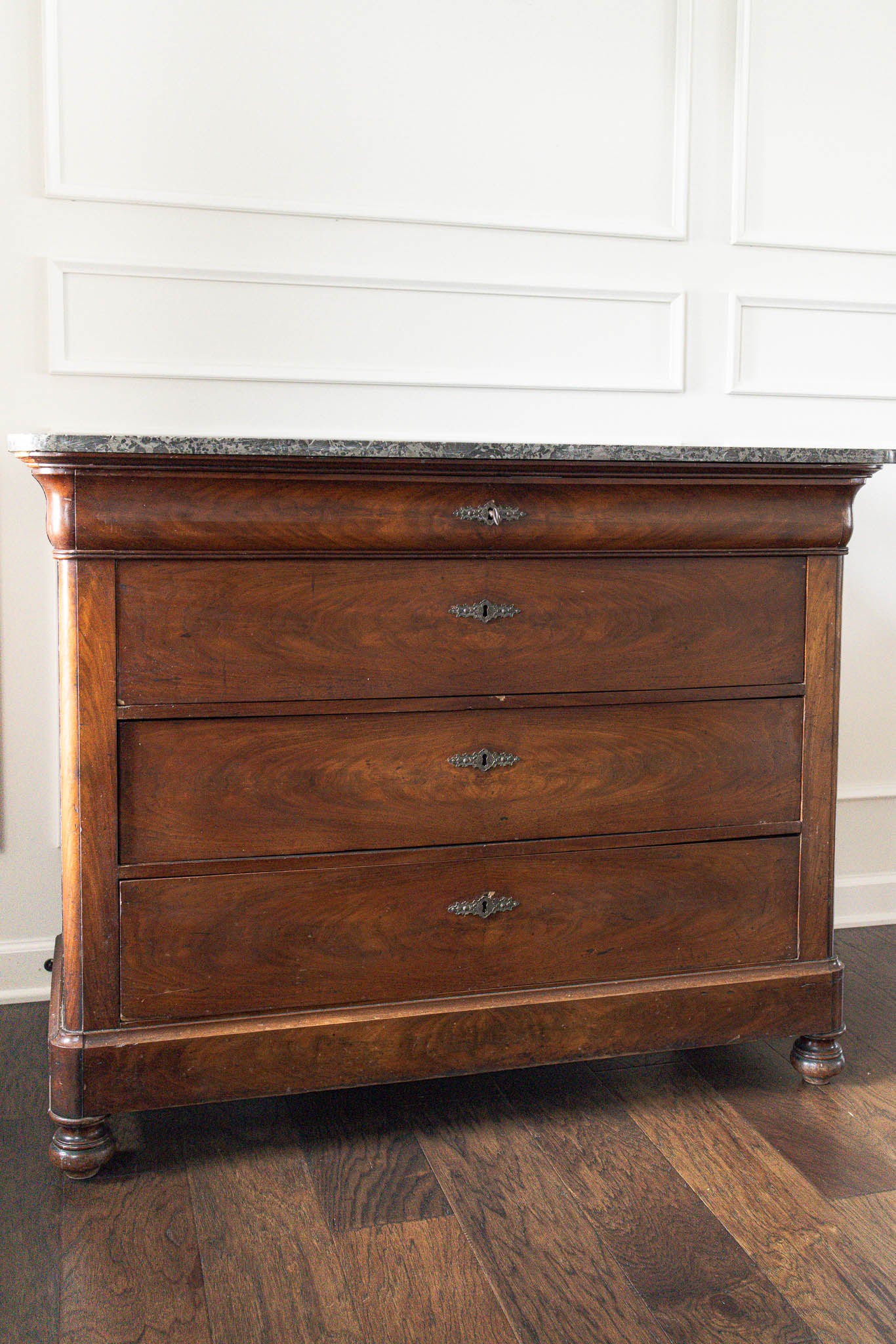 19th Century Black Marble Top Mahogany Commode with Ornate Bronze Detail