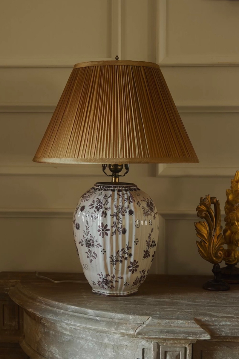 Hand-Painted Floral Porcelain Lamp with Gold Silk Shade