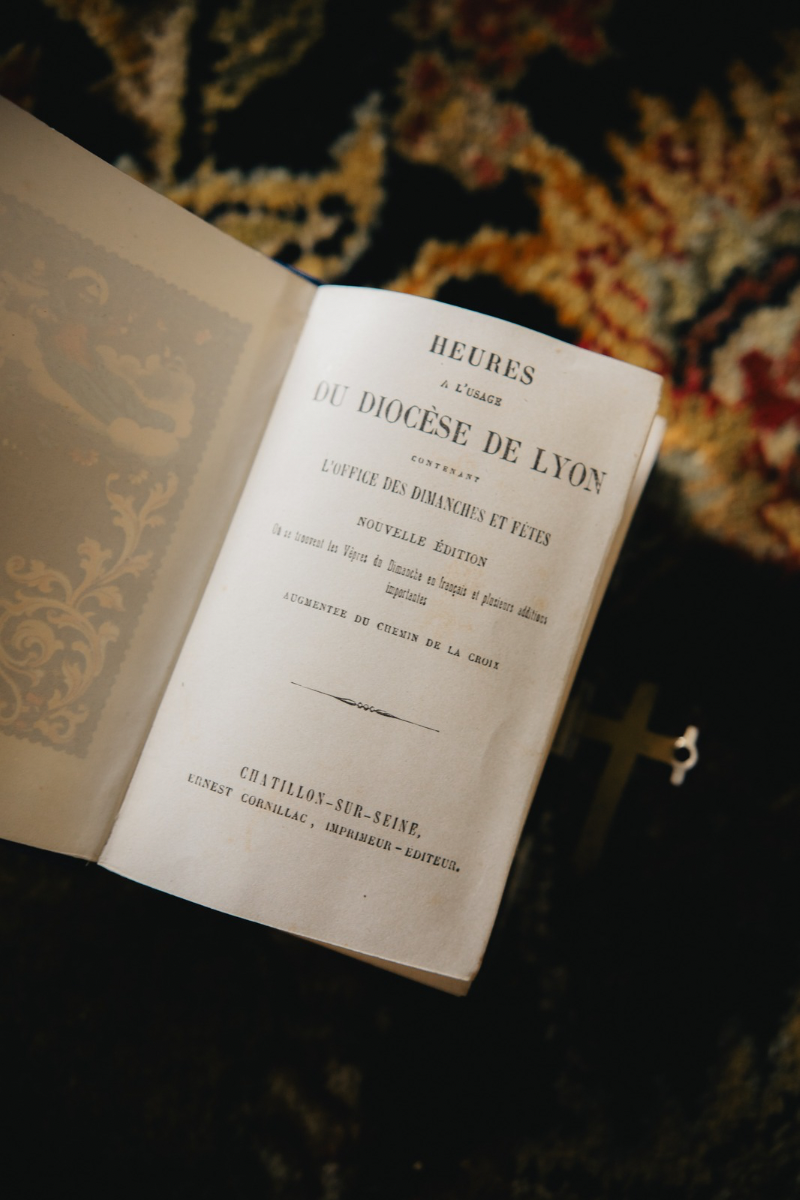 19th C. French Lyon Catholic Book of Hours in Blue Velvet with Silver Cross Clasp