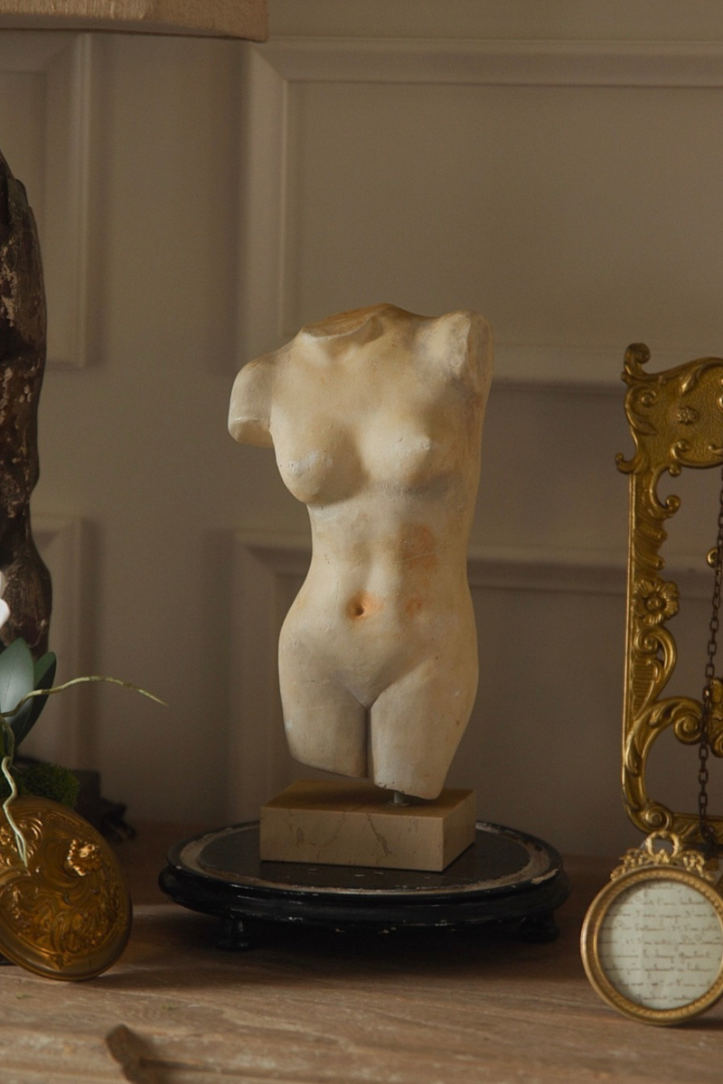 Classical Style Female Torso Sculpture on Stone Base – European Plaster Study of the Human For