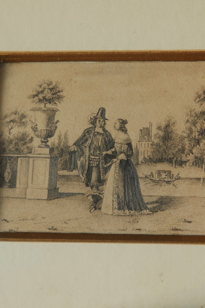 19th C. French Pencil Sketch of Baroque Couple in Garden