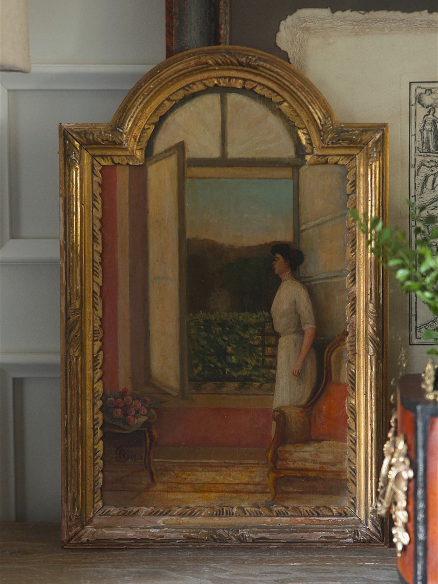 Antique French Arched Oil Painting — Woman at the Window