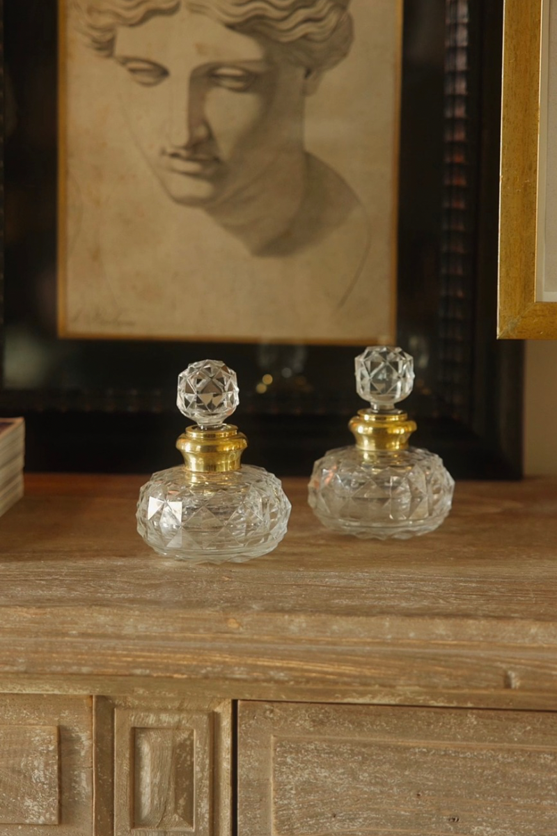 Pair of Antique Cut Crystal & Brass Perfume Bottles