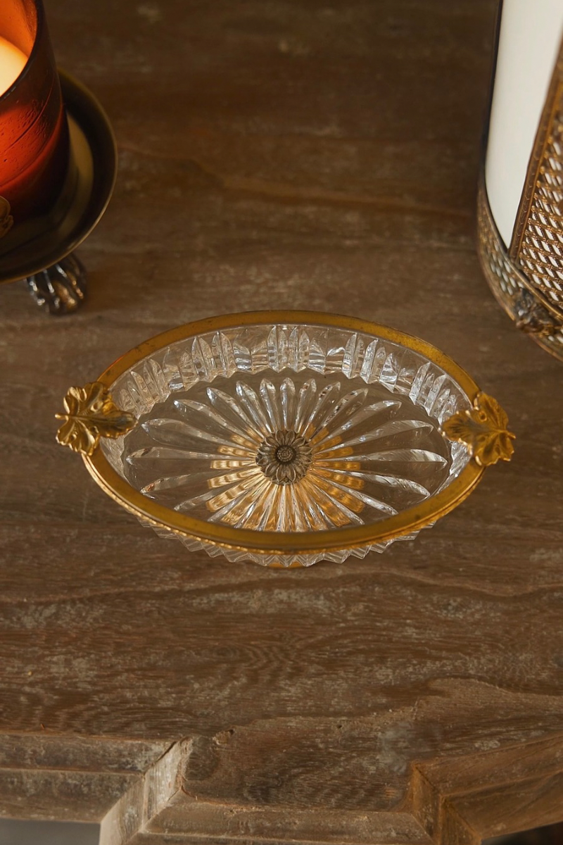 Antique Cut Crystal & Gilt Bronze Pedestal Compote with Leaf Mounts