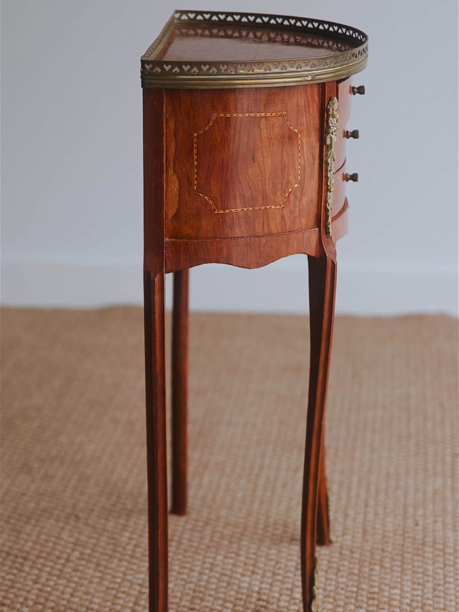 French Louis XV–Style Marquetry Demilune Side Table With Bronze Ormolu & Heart-Pierced Gallery