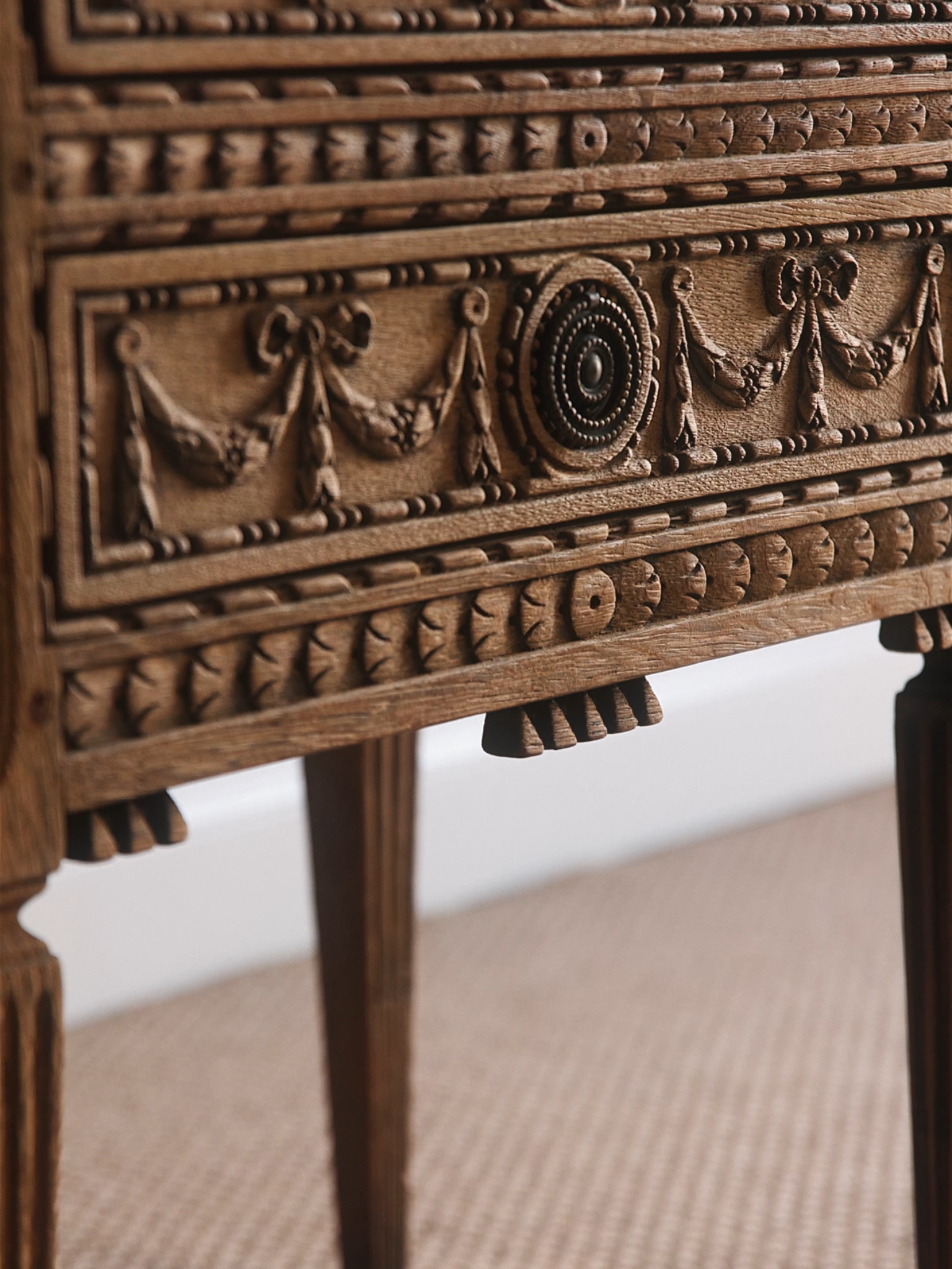 French Neoclassical Carved Oak Petite Commode