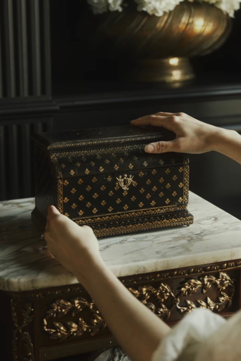 19th Century French Leather Writing Box with Silk & Velvet Interior and Inkwell