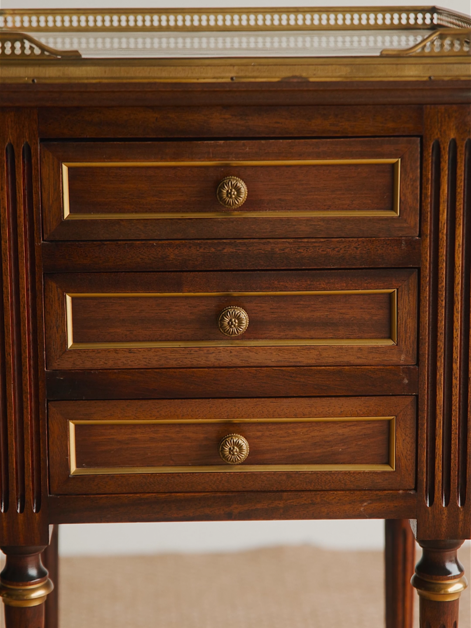 Pair of French Louis XVI–Style Nightstands With Marble Tops