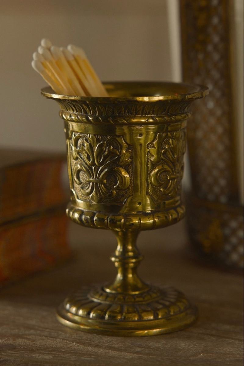 19th C. French Gothic Revival Repousse Brass Pedestal Match Holder