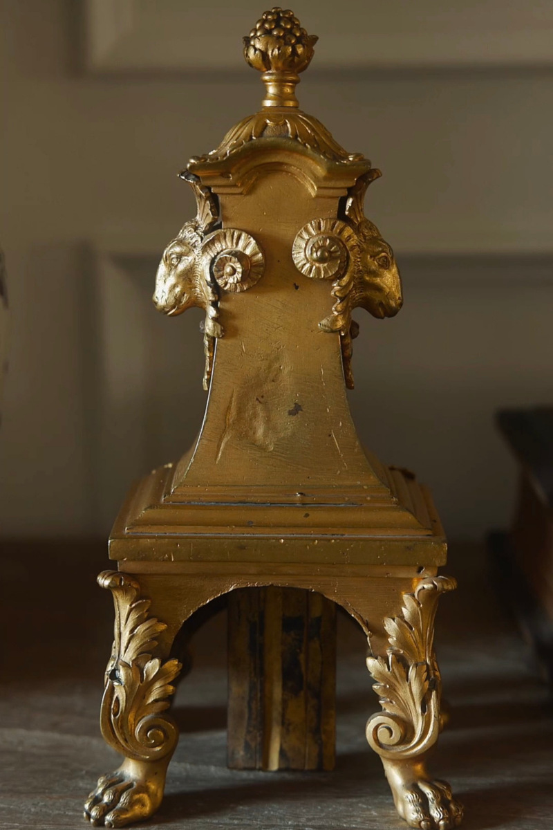 19th-Century French Gilt-Metal Andirons with Ram’s Heads
