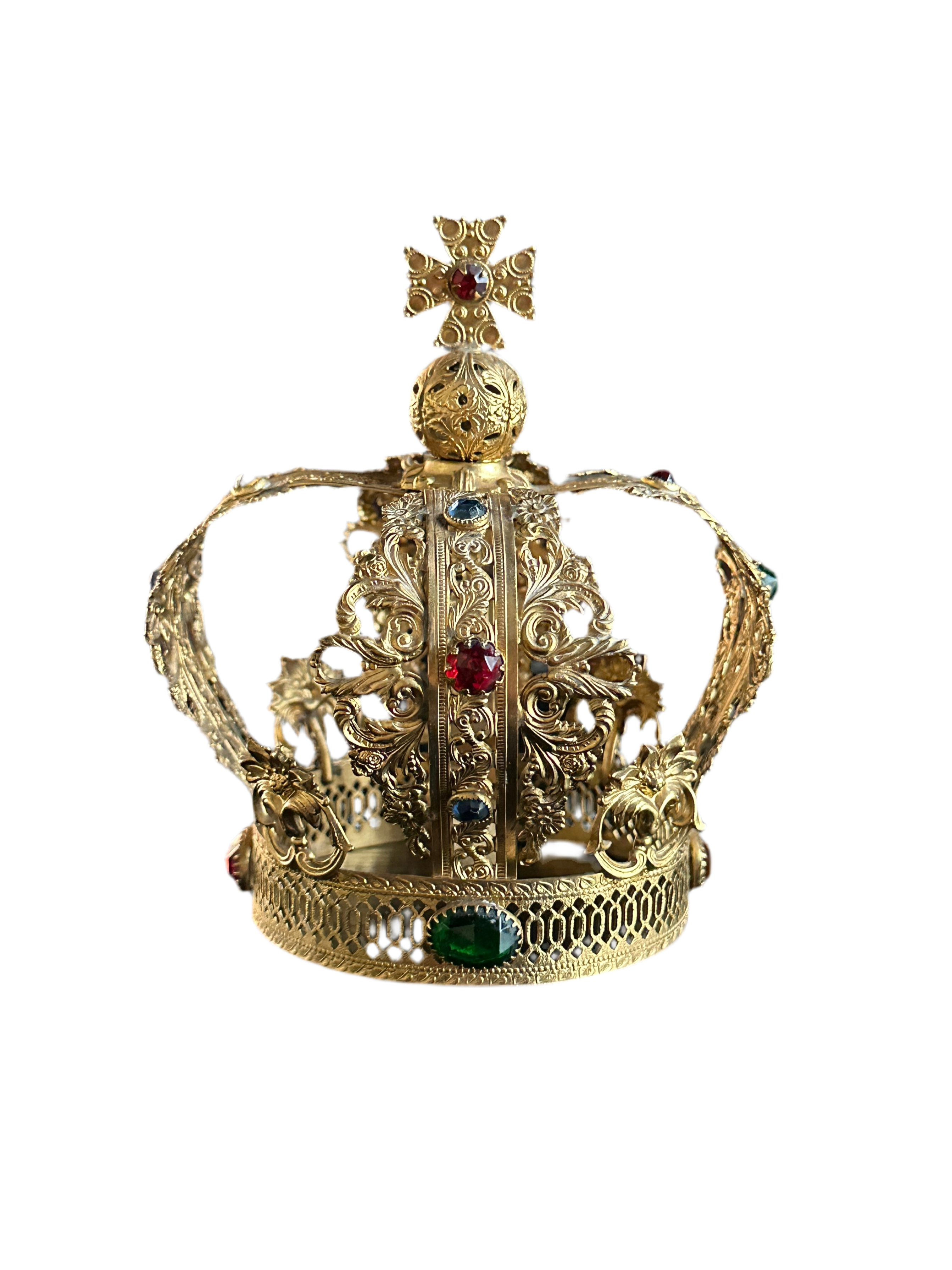 Antique Devotional Gilt Filigree Crown with Jeweled Cross Finial