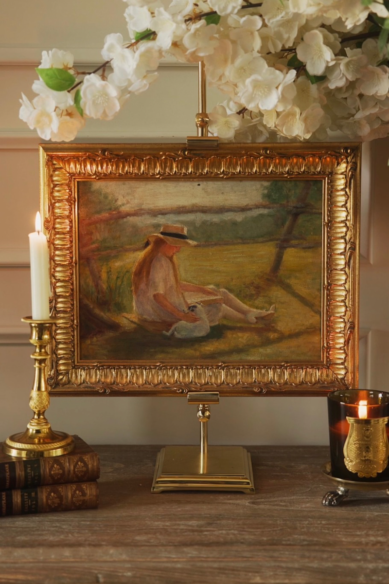 20th C. Impressionist Oil on Board of Seated Maiden & Dog