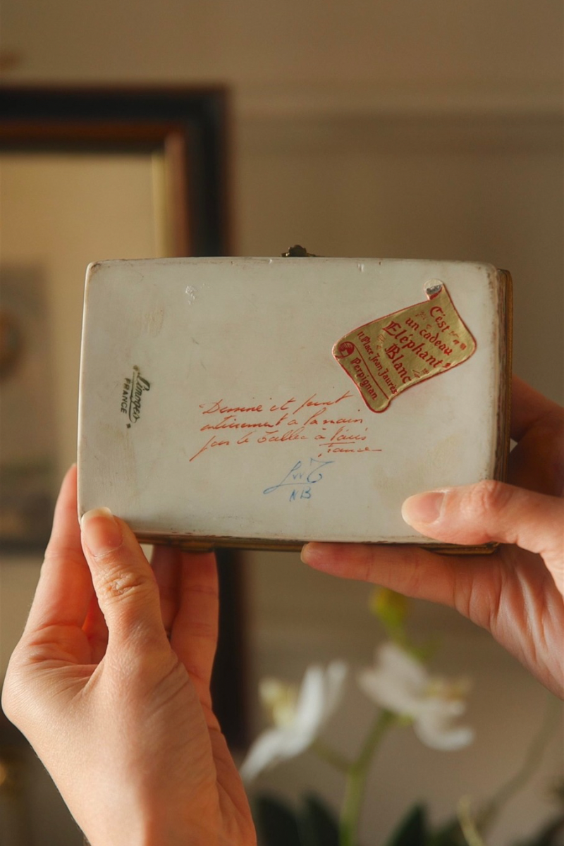 Hand-Painted French Limoges Porcelain Trinket Box with Original Retail Label - Handwritten Inscription