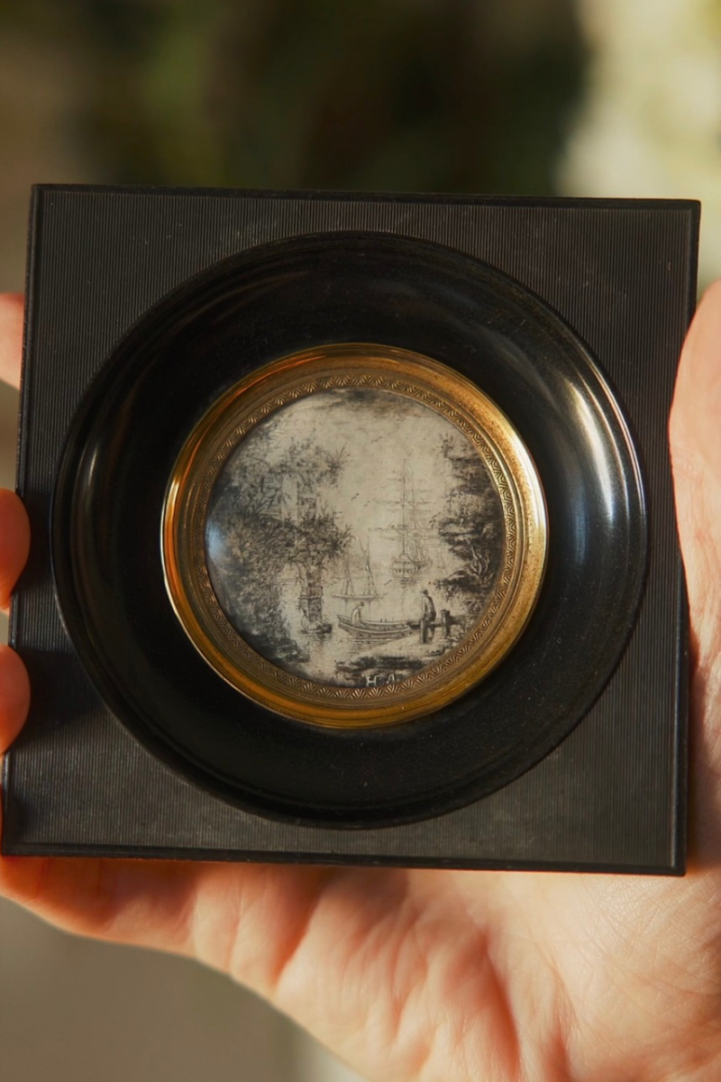 19th-Century Maritime Miniature Drawing in Ebonized Frame
