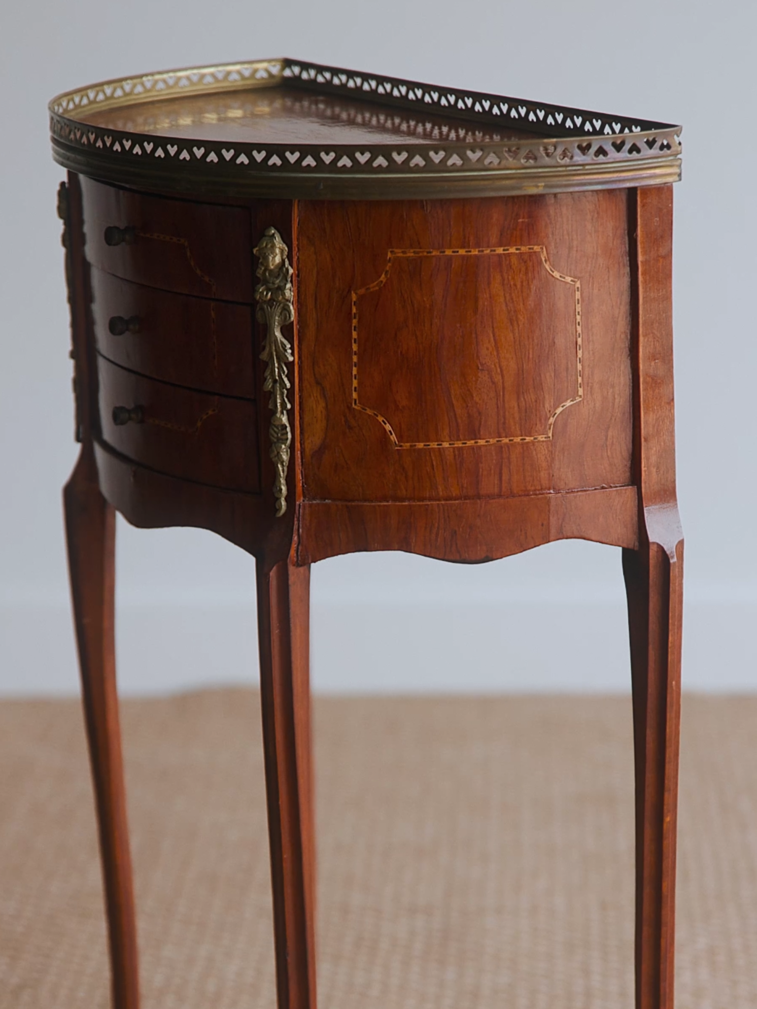 French Louis XV–Style Marquetry Demilune Side Table With Bronze Ormolu & Heart-Pierced Gallery