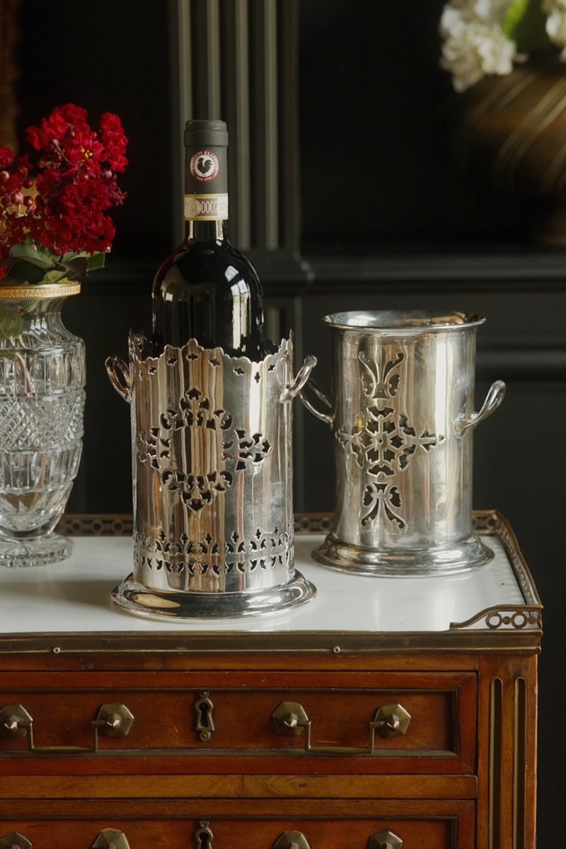 Antique Silver Plate Scalloped Trim Wine Caddy