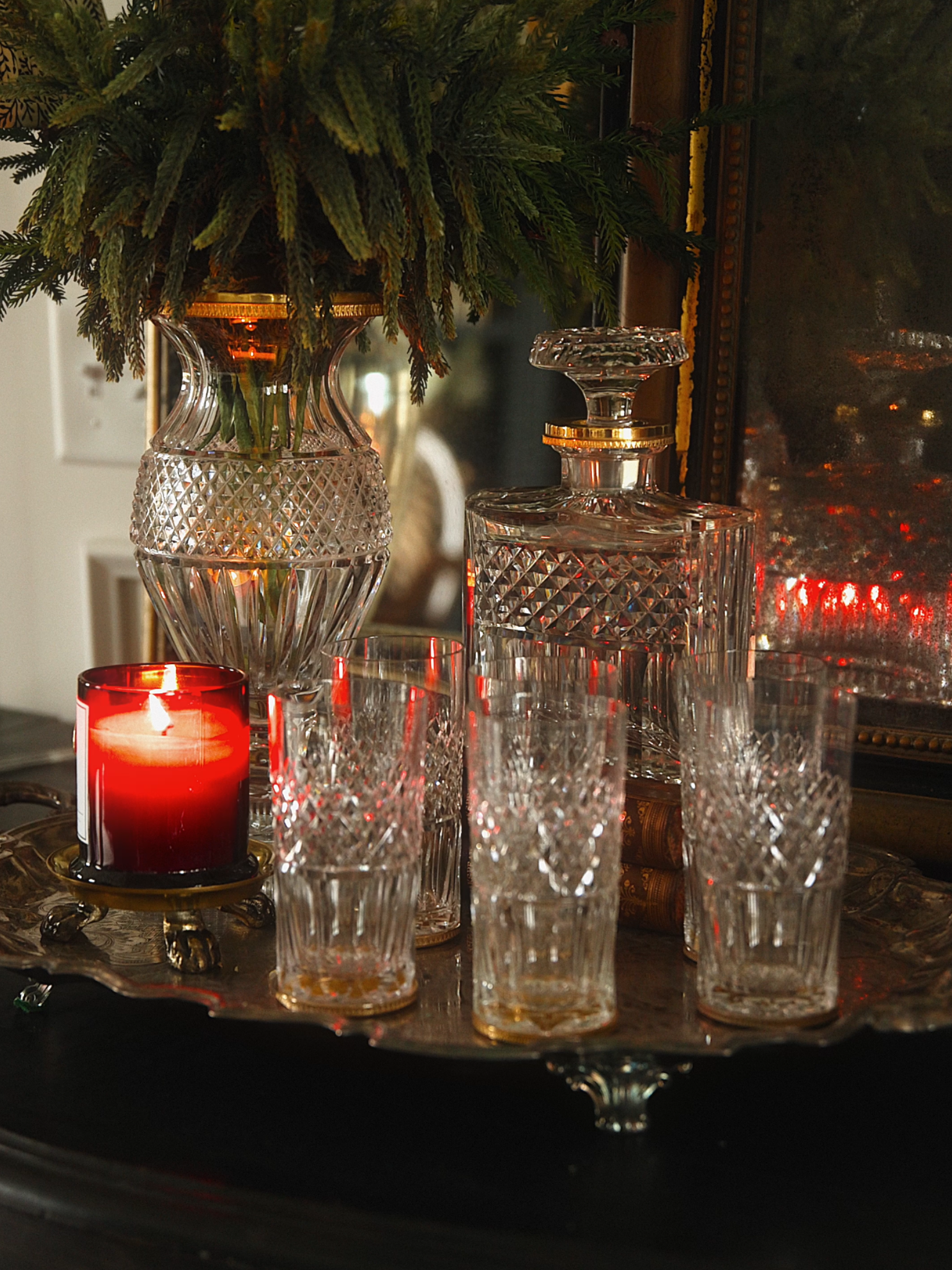 French Cut Crystal Decanter & Eight Tumblers - Gold Rimmed