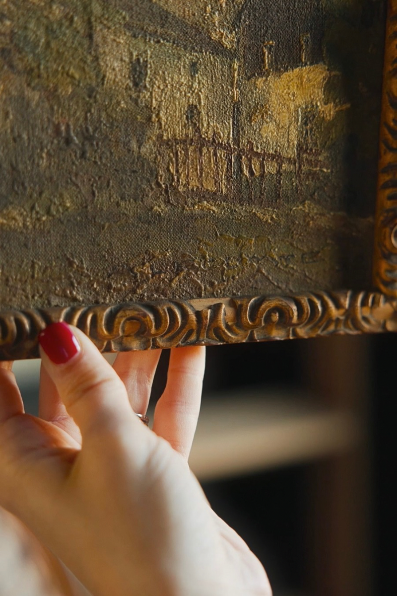 Village Courtyard Landscape Painting on Wood in an Ornamental Frame