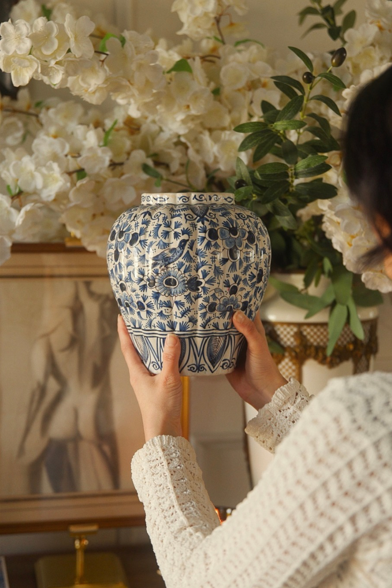 Hand-Painted Blue & White Faience Vase: Delft Style