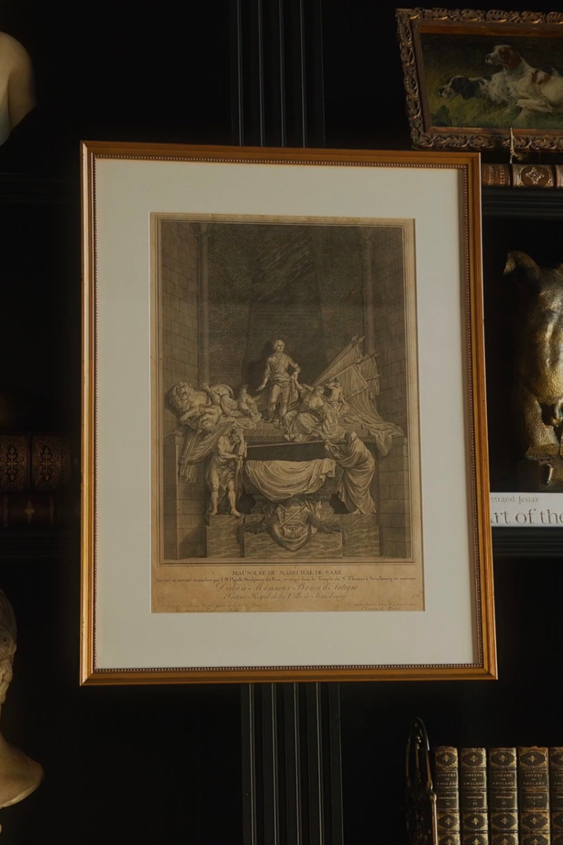 “Mausolée du Maréchal de Saxe” — Etching & Engraving by Christian de Mechel after Jean-Baptiste Pigalle’s Strasbourg Monument, Published in Basel, in a Gold-Finished Beaded Frame