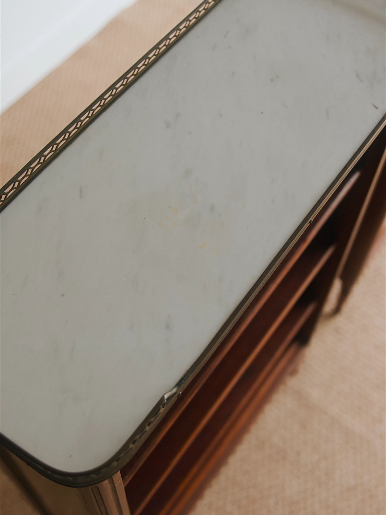 Pair of French Louis XVI–Style Mahogany Pier Cabinets With Marble Tops & Brass Galleried Rims