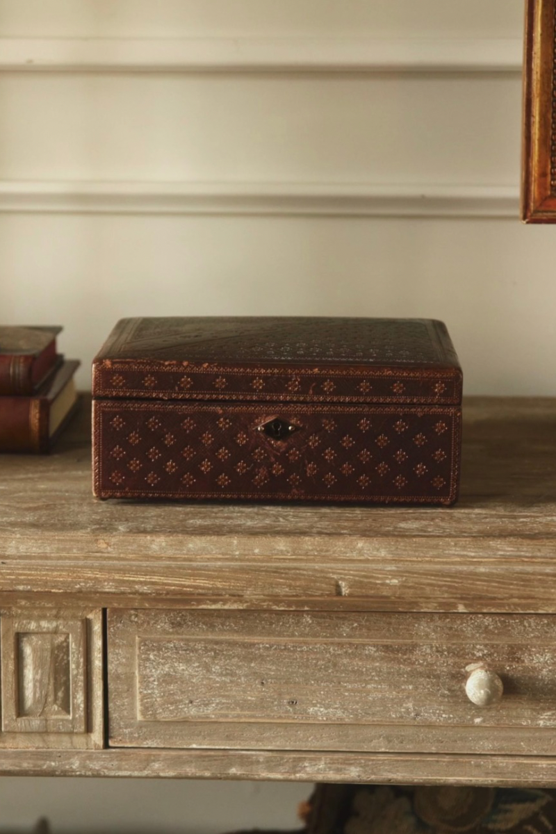 19th Century French Tooled Leather Jewlery Box with Removable Interior Tray