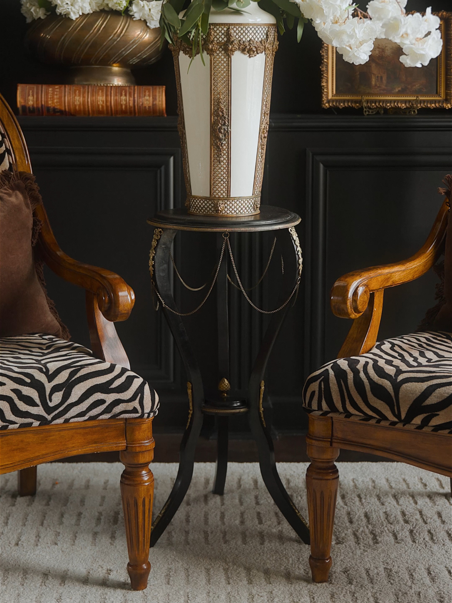 French Empire Revival Ebonized & Ormolu Accent Table with Chain Detail