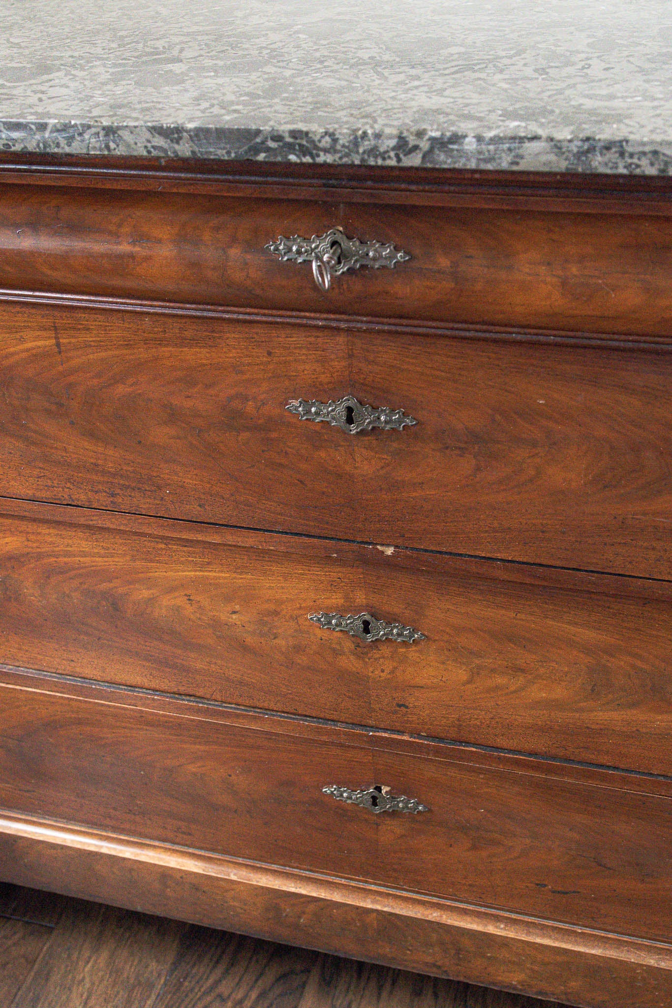 19th Century Black Marble Top Mahogany Commode with Ornate Bronze Detail