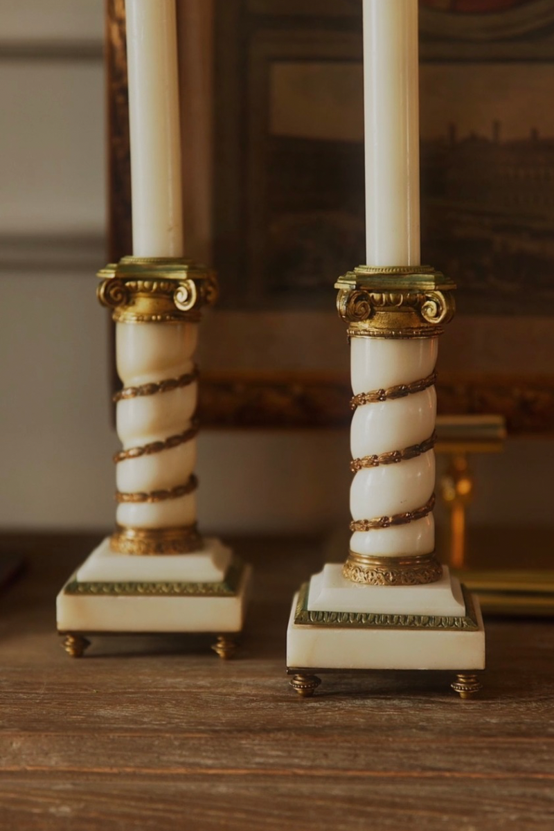 French Empire Style Marble & Bronze Candlestick Pair
