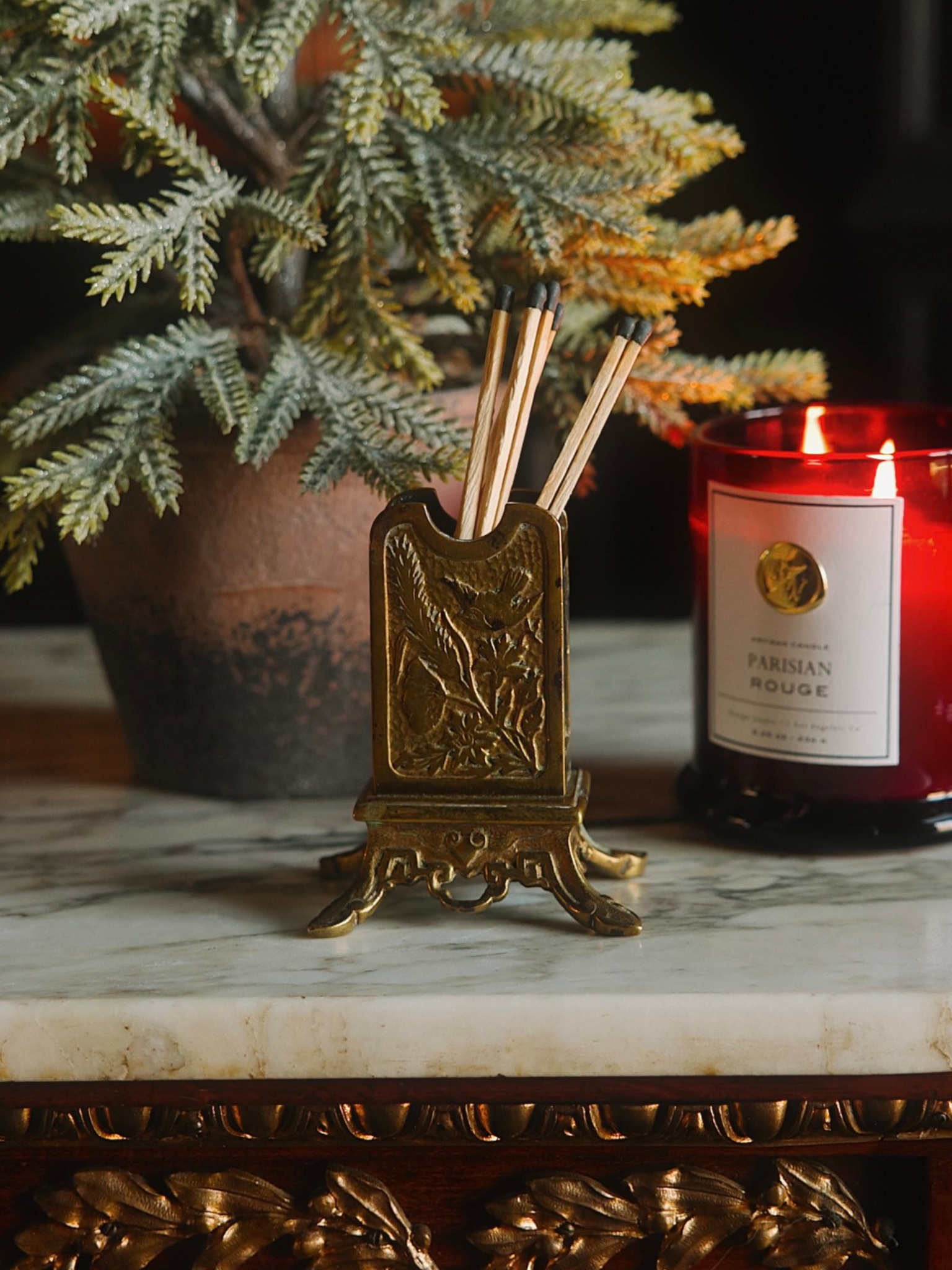 Late 19th–Early 20th Century French Gilt Brass Match Box Holder With Botanical Relief
