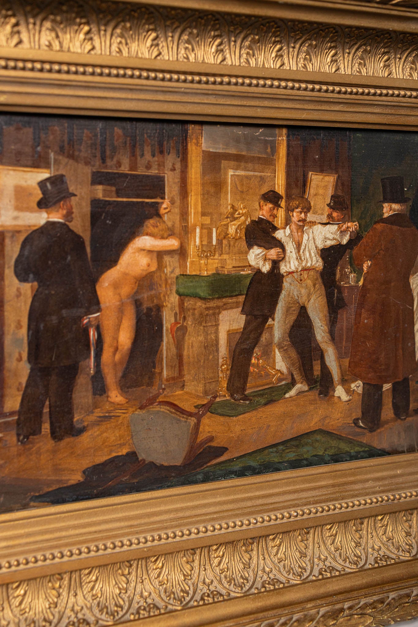 19th Century Genere Scene Depicting a Tavern Brawl - Oil on Wood in Gilt Wood Frame