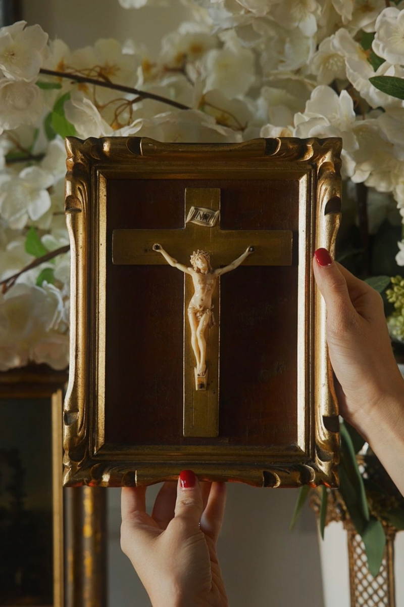 19th-Century Framed Wooden Crucifix