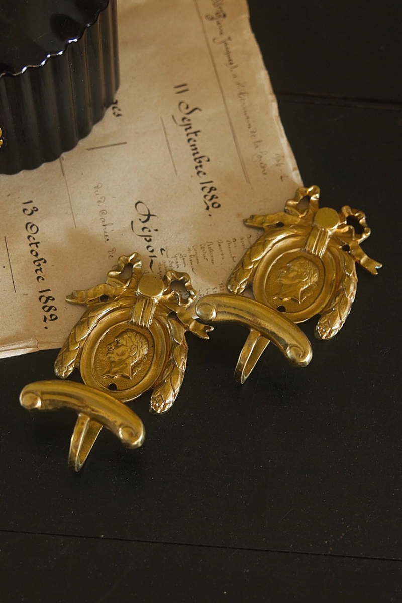 Antique French Louis XVI–Style Gilt Bronze Medallion Wall Hooks