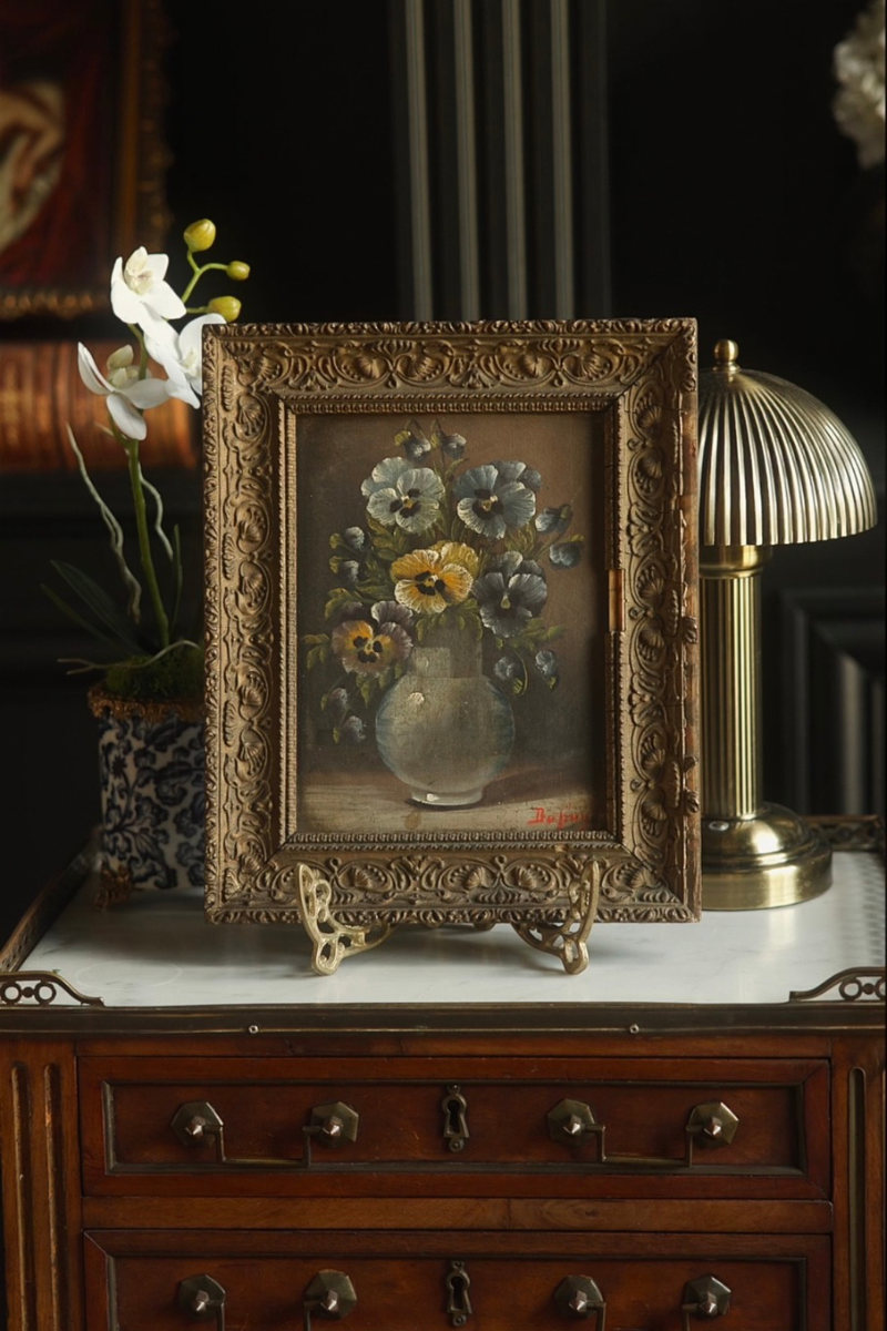19th C. French Floral Painting on Board | Gilt Frame
