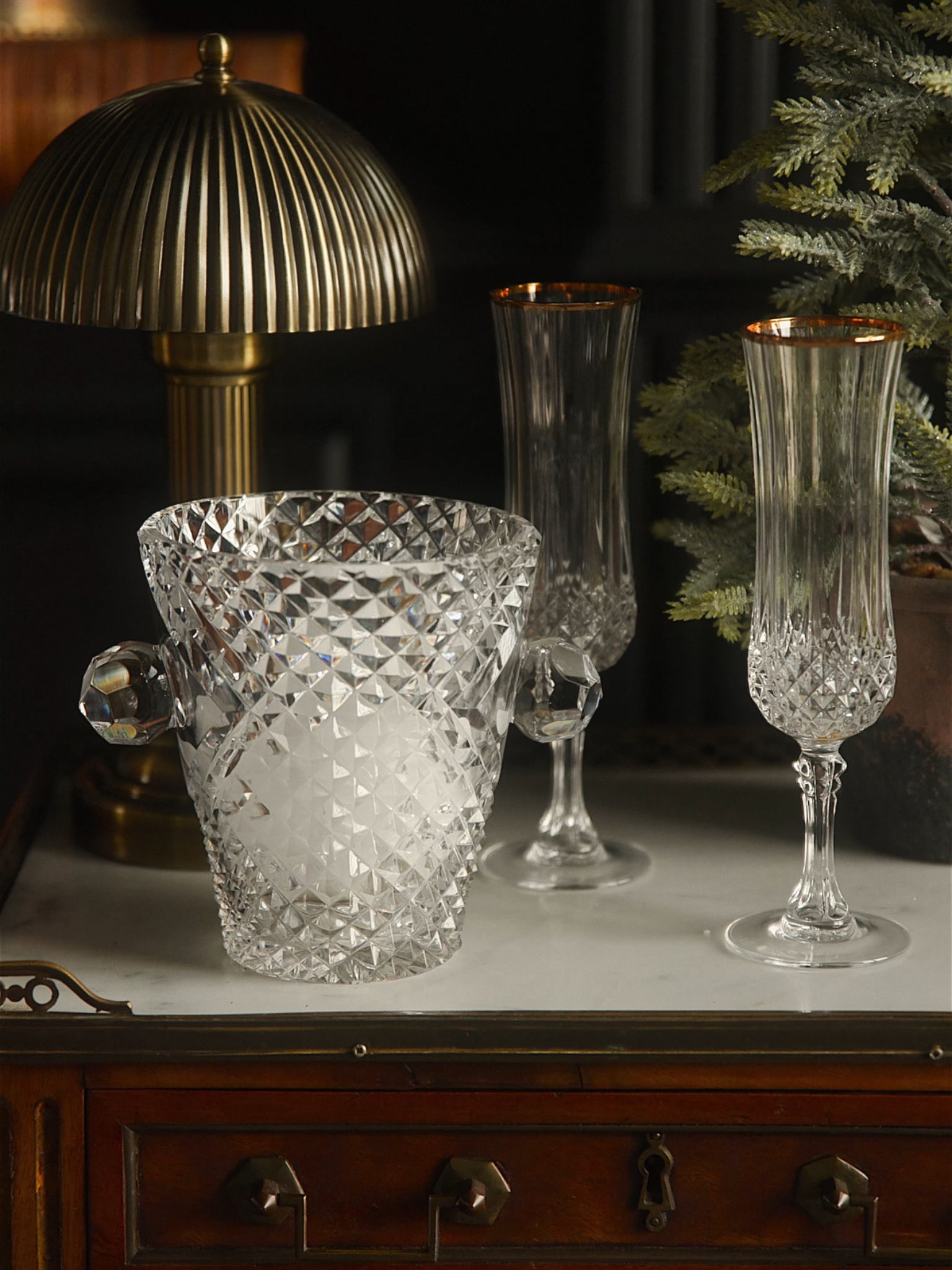 Cut Crystal Ice Bucket with Silver-Plated Strainer