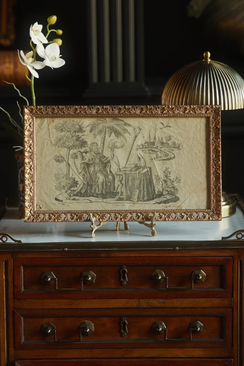 “Saint Augustin” — German Devotional Engraving Bearing Martin Engelbrecht’s Augsburg Publisher’s Imprint, with Flaming Heart, Bishop’s Crozier & Scholarly Books, in an Ornate Gold-Finished Frame