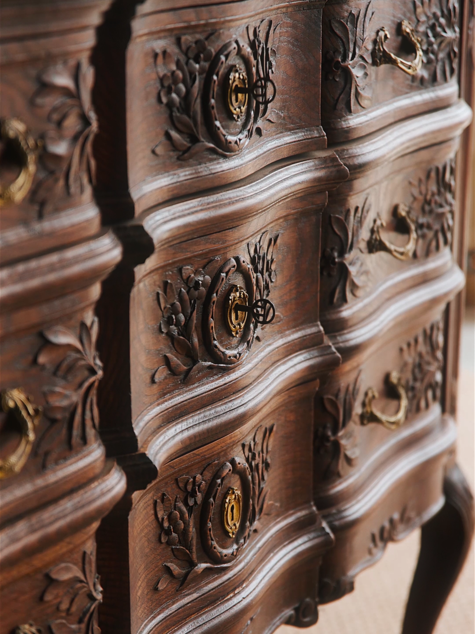 French Louis XV–Style Carved Oak Commode With Ormolu Mounts