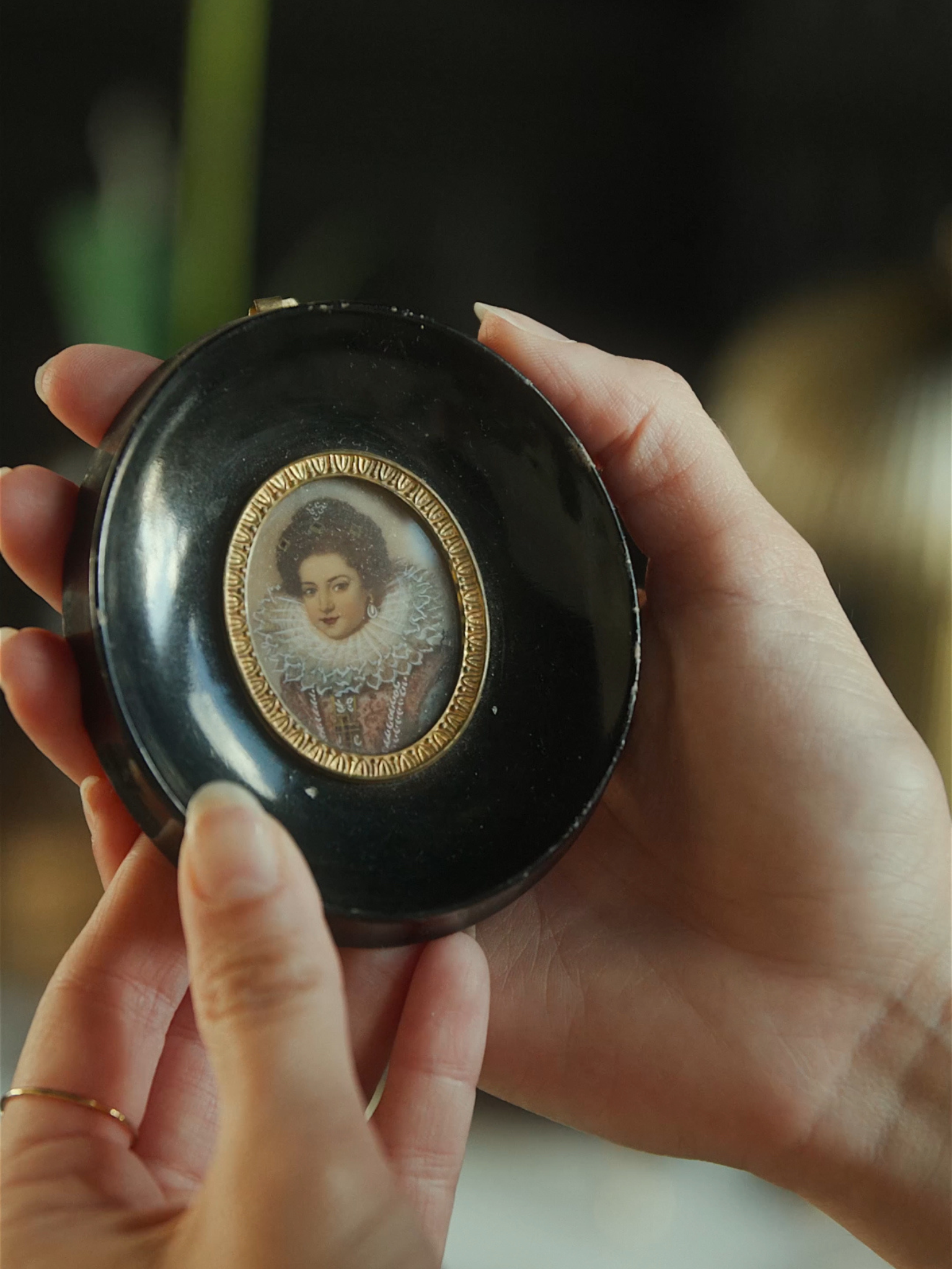 19th Century Hand Painted Miniature Portrait in Lacquered Frame
