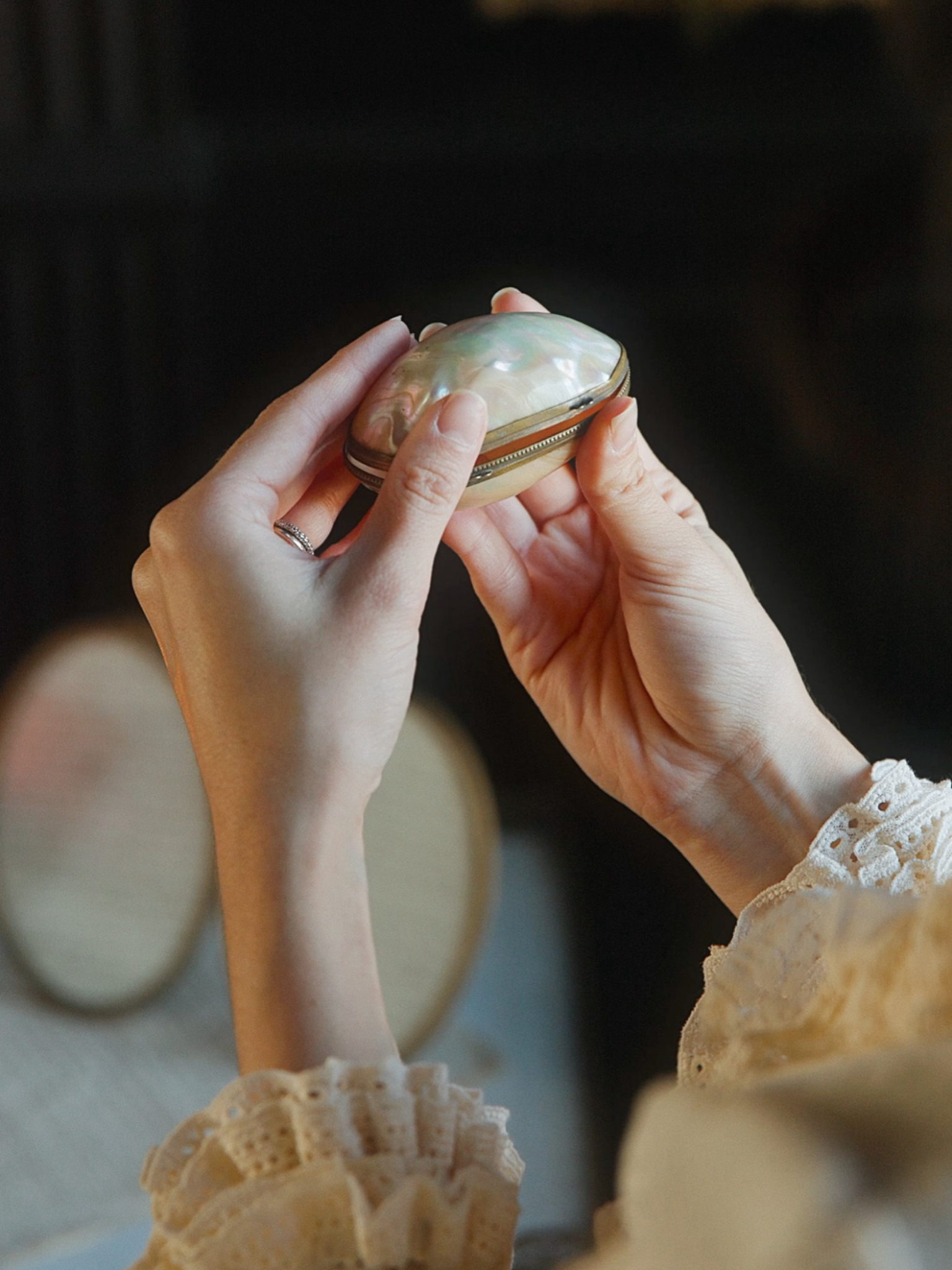 Antique Mother-of-Pearl Shell Box with Brass Mounts