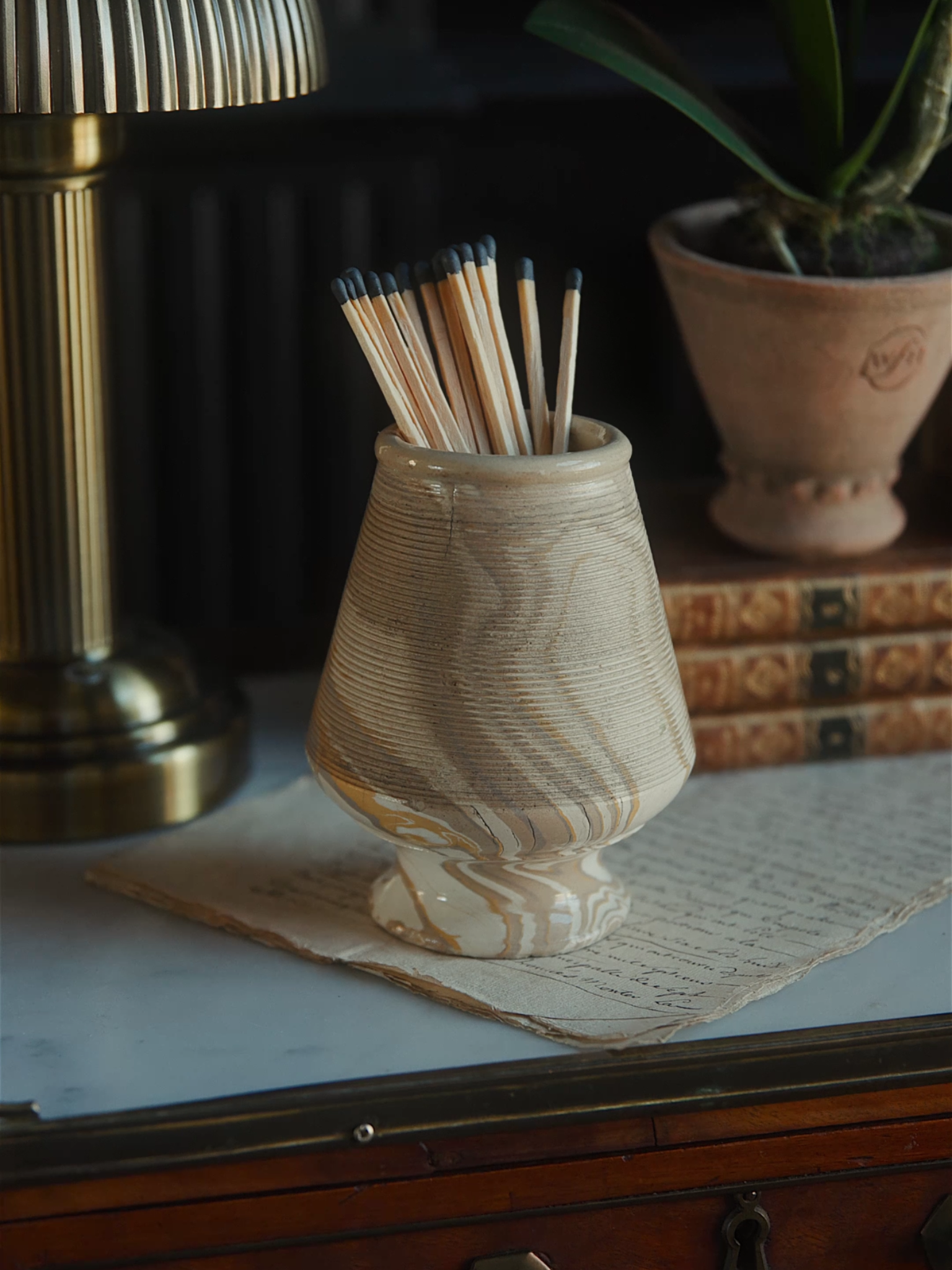 French Marbled Pottery Match Striker — Footed Form