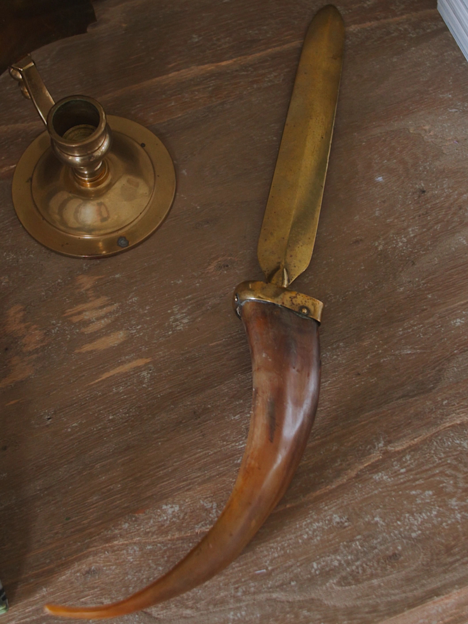 Antique Brass Letter Opener with Curved Horn Handle